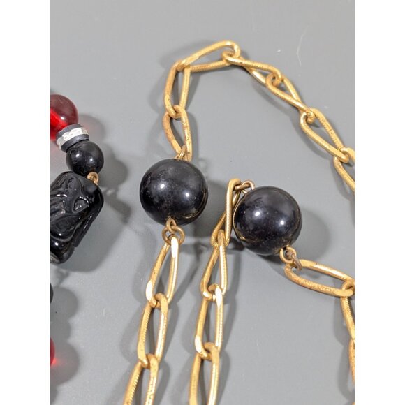 Cadoro Vintage Gold Tone Necklace Black Red Glass Lucite Long Opera Length 54" - Picture 6 of 9